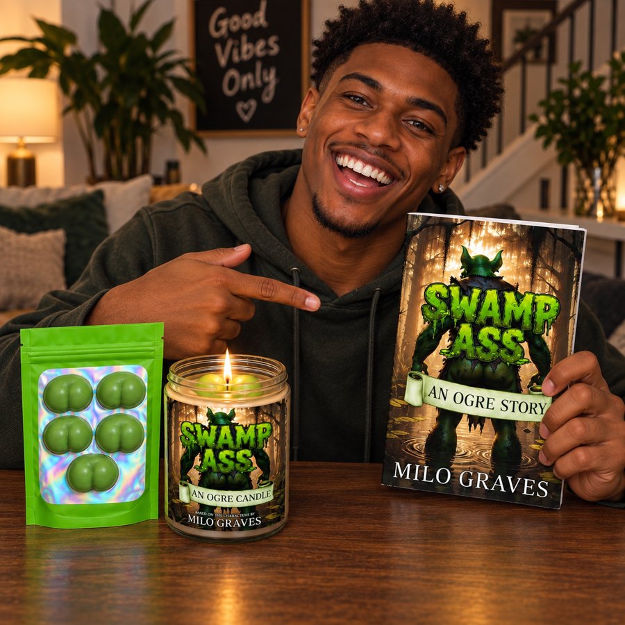 Customer smiling and pointing at the Swamp Ass candle, book and wax melts