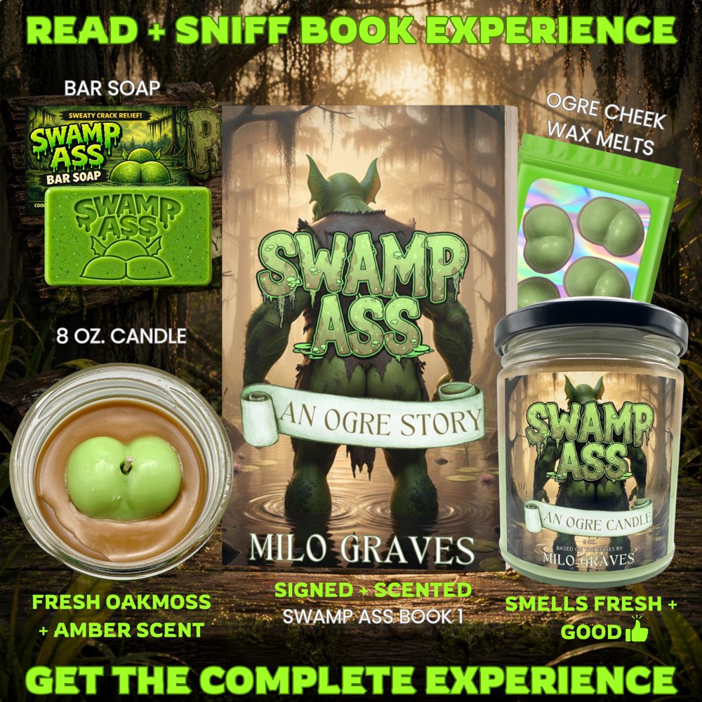 Read + Sniff Book Experience — Swamp Ass bar soap, signed book, Ogre Cheek wax melts, and 8 oz candle
